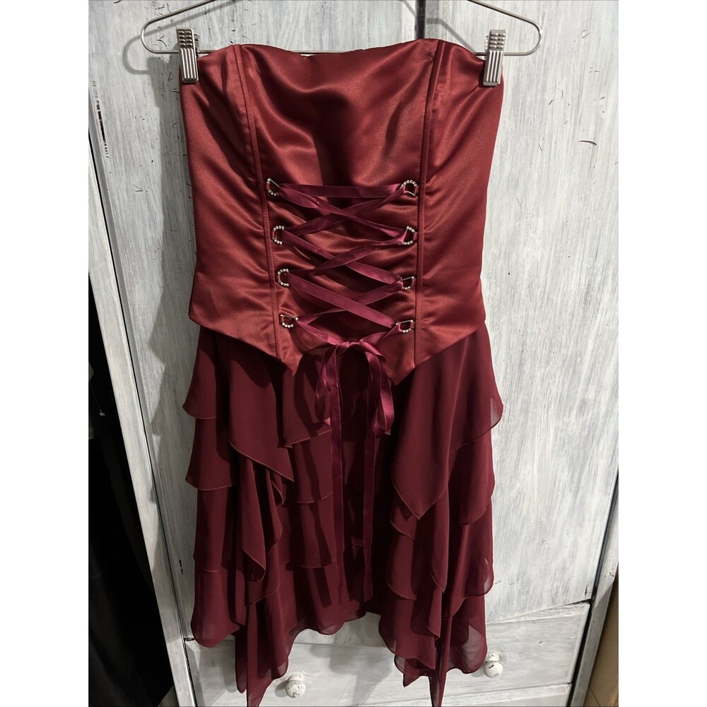 Jessica McClintock Bustier Tie Front Dress Sz 6 Burgundy Y2K Fairy Goth